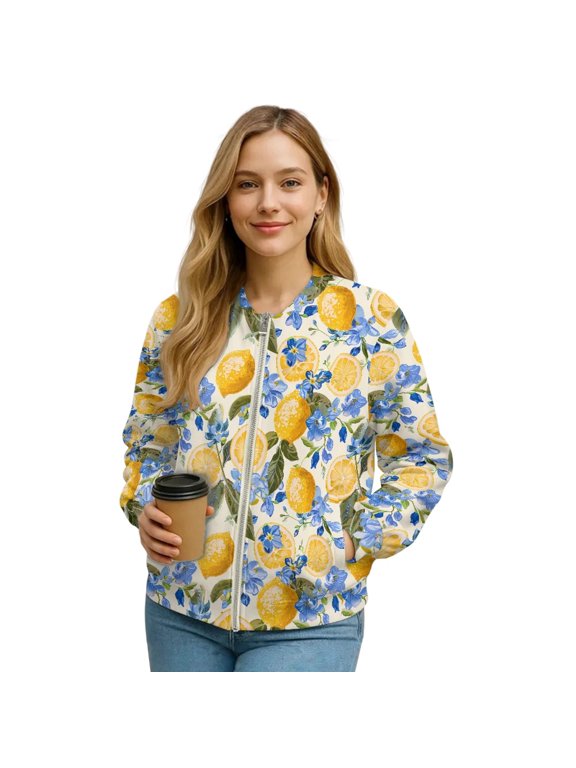 Short Bomber Jacket Women Zip Up Long Sleeve Casual Coat Fall Fashion Motorcycle Jackets Loose Fit Cropped Coats Lightweight Fall Winter Clothes, 4X-Large, Lemon Blue Floral