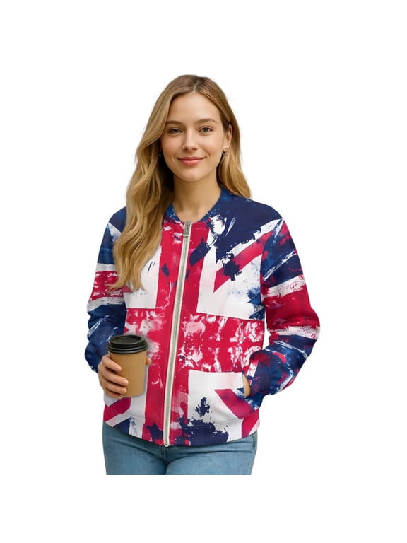 Short Bomber Jacket Women Zip Up Long Sleeve UK British Flag Casual Coat Fall Fashion Motorcycle Jackets Loose Fit Cropped Coats FallWinter Clothes, Medium, Vintage Union Jack