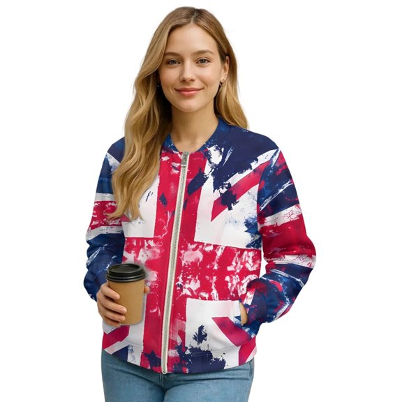 COEQINE Short Bomber Jacket Women Zip Up Long Sleeve UK British Flag Casual Coat Fall Fashion Motorcycle Jackets Loose Fit Cropped Coats FallWinter Clothes, Large, Vintage Union Jack