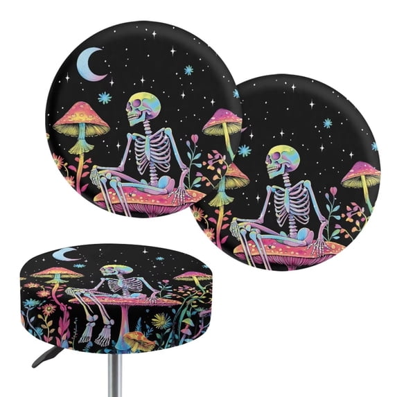 COEQINE Skeleton Mushroom Moon Stool Covers Round 12-14 Inch Washable Bar Stool Slipcovers Anti-Slip Round Stool Chair Saddle Stool Covers Halloween Decor, 2 Count