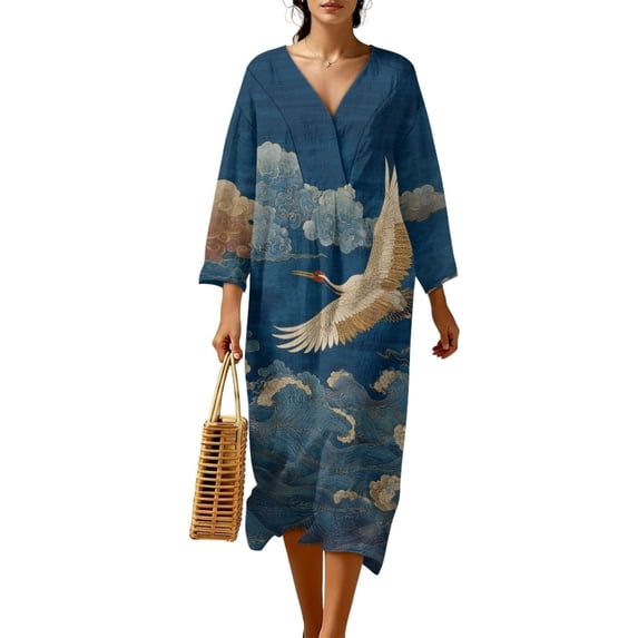 COEQINE Smock Dress for Women 3/4 Sleeve Calf Length Midi Modest Dress, Comfortable Polyester Linen Boho Beach Cover Up for Wedding Party Wear, Size L, Crane Bird Cloud Dark Blue