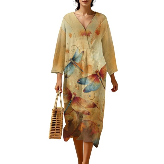 COEQINE Smock Dress for Women 3/4 Sleeve Calf Length Midi Modest Dress, Comfortable Polyester Linen Boho Beach Cover Up for Wedding Party Wear, Size L, Dragonfly Autumn Leaf