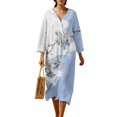 thumbnail image 1 of COEQINE Smock Dress for Women 3/4 Sleeve Calf Length Midi Modest Dress, Comfortable Polyester Linen Oriental Boho Beach Cover Up for Wedding Party Wear, Size XL, Light Blue Ink White Plum Blossom, 1 of 6