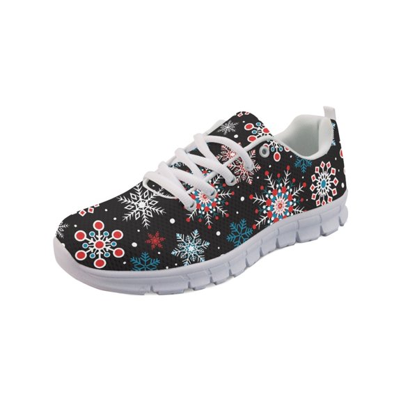 COEQINE Snowflake Red Blue Black Women Sneakers Christmas Running Athletic Shoes Anti-Slip White Sole Tennis Footwear Breathable Soft Training Shoes Xmas Mens Footwear