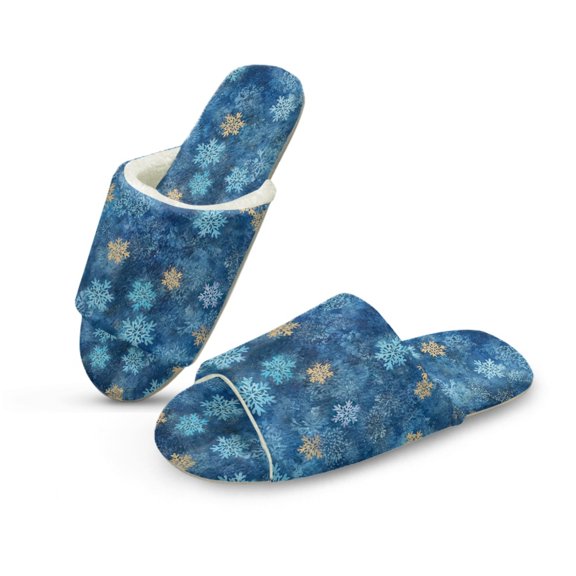 COEQINE Snowflakes Dark Blue Womens House Slippers Trendy Christmas Fuzzy Slides Quiet Sole Indoor Home Sandals Winter Slippers Open Toe for Women Men Indoor Slip On House Shoes, 42-43