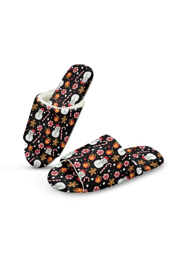Snowman Gingerbread Man Candy Bedroom Slippers Women Open Toe House Sandals Comfy Quiet Slip On Home Slides Fuzzy Slippers for Women Indoor, Reusable Washable Guest Footwear, 46-47