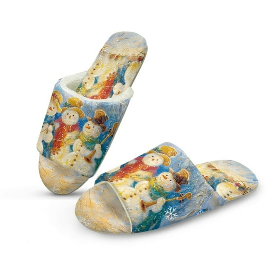 COEQINE Snowman Vintage Fluffy Slippers for Women, Open Toe Fluffy Sandals Cute Christmas House Slides Foldable Washable Slip On House Shoes Quiet Slippers for Hardwood Floors, 40-41
