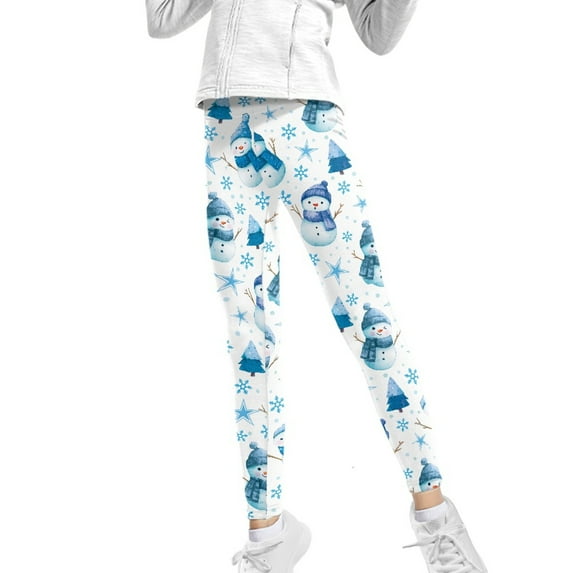 COEQINE Snowman Xmas Tree Blue Girls Leggings High Waist Stretch Christmas Snowflake Yoga Pants Soft Tummy Control Sport Legging, for 10-11 Years Kids Girls