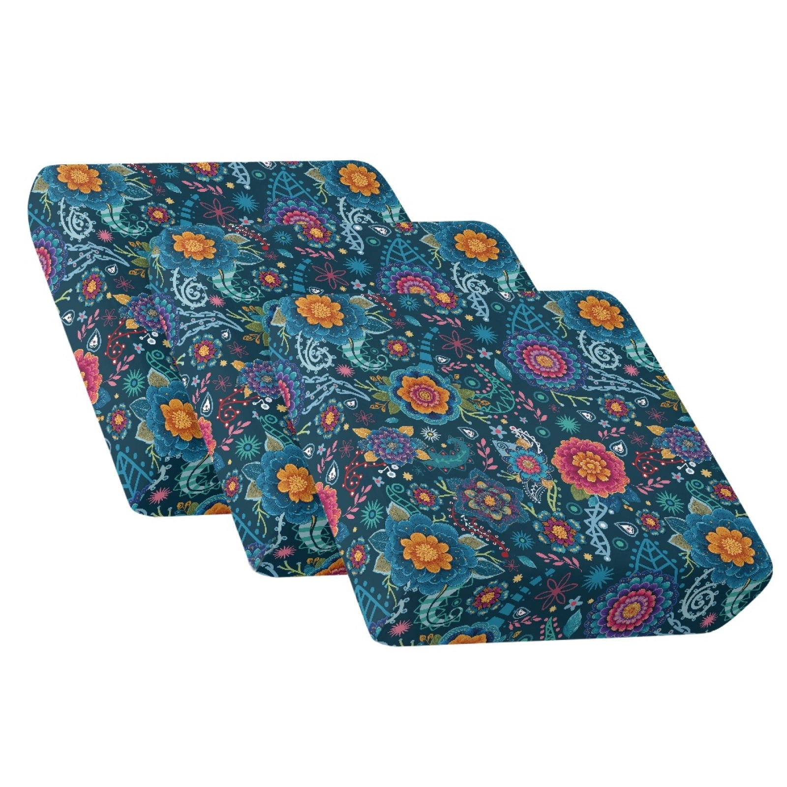 COEQINE Sofa Cushion Slipcover 3 Pieces Elastic Couch Cushion Cover Universal Armchair Couch Cover Furniture Protector Chair Slipcover with Elastic Bands, Blue Boho Mandala Floral Paisley Pattern