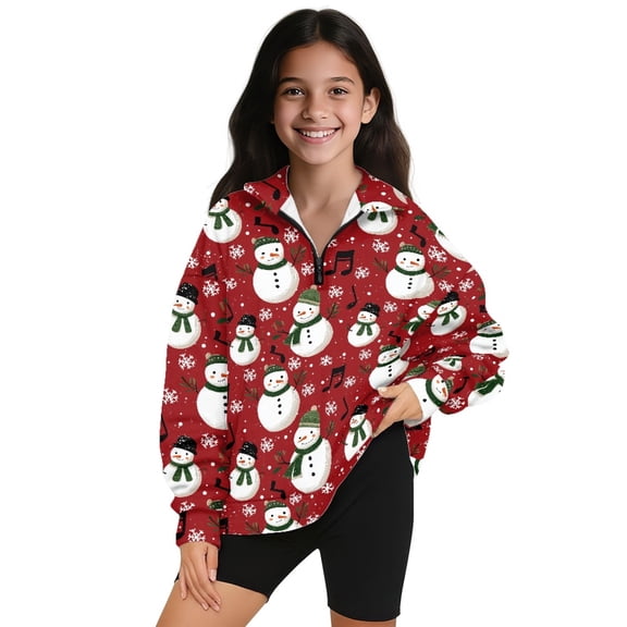 COEQINE Soft Girls Quarter Zip Pullover with Collar, Long Sleeve Loose Fit Printed Sweatshirt, Comfortable Polyester Top for Everyday, for Teen Girls 11-12, Cute Snowman Red
