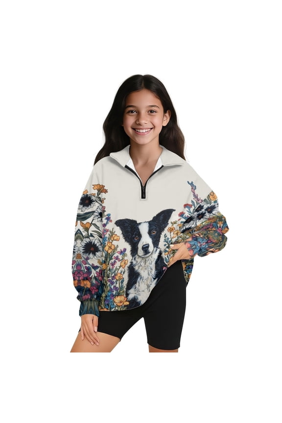 Soft Girls Quarter Zip Pullover with Collar, Long Sleeve Loose Fit Printed Sweatshirt, Comfortable Polyester Top for Everyday, for Teen Girls 7-8, Border Collie Flower