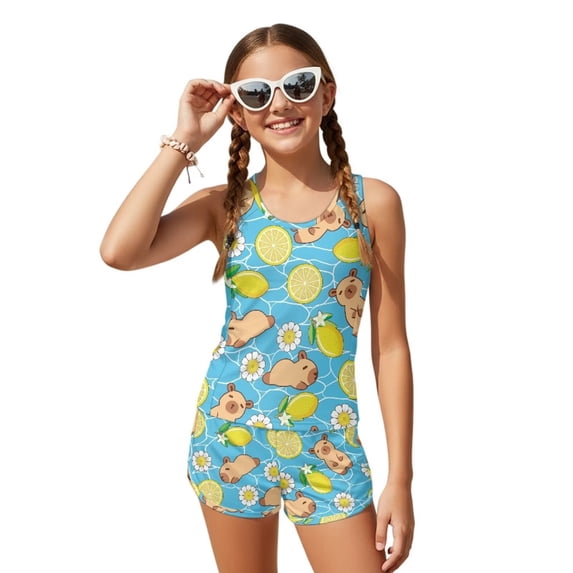 COEQINE Soft Girls Tankini Swimsuit 2 Piece with Removable Pads for Little Kid Ages 6-7 Sleeveless Bathing Suits Crewneck Tank Top and Swim Shorts Summer Beach Wear, Capybara Lemon Pool