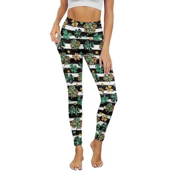 COEQINE Soft Yoga Pants for Women with Pockets 4-Way Stretch Tummy Control High Waisted Athletic Leggings Clover Black Stripes Casual Spandex No See Through Tights for St. Patrick's Day, S