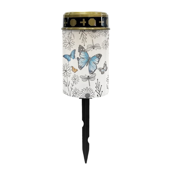 COEQINE Solar Cemetery Lights for Grave Outdoor Waterproof Grave Solar Decorations LED Flameless Candles Outdoor Solar Lamp for Cemetery Path Patio Yard, Blue Butterfly Dragonfly Floral