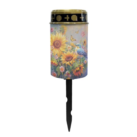 COEQINE Solar Lights Solar Powered Lights for Grave Site Pillar Lights Flameless Candle Lamp Solar Grave Candles Waterproof Outdoor Stake Lights Grave Markers, Sunflower Blue Bird Butterfly