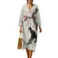 thumbnail image 1 of COEQINE Spring Summer Dress 3/4 Sleeve Wrap V-Neck Women's Boho Midi Tunic Shift Dress, Linen Look Loose Fit, Vacation & Everyday Wear, Size 2XL, Ink Black Cat Plum Blossom, 1 of 6