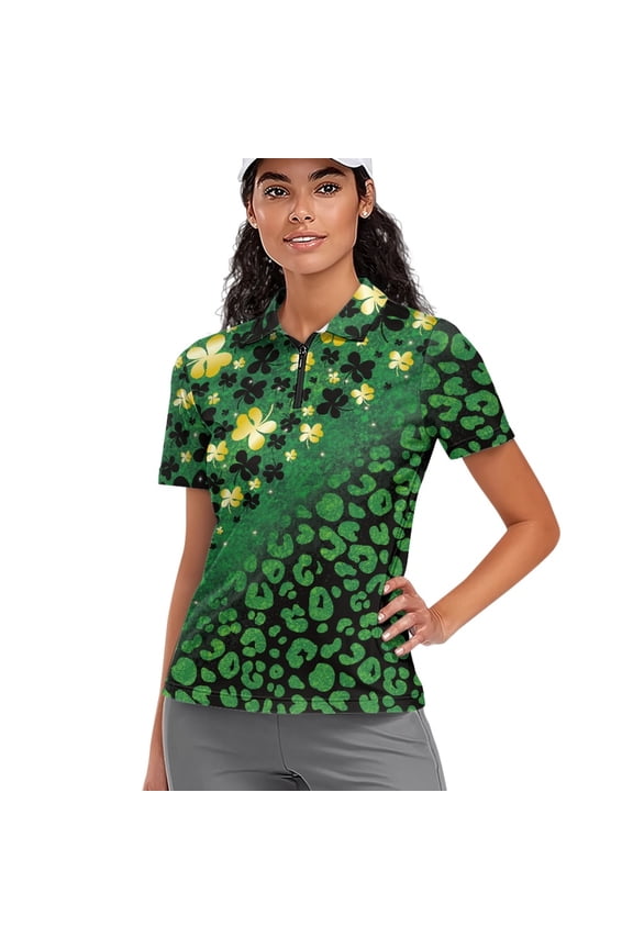 St. Patrick's Day Women 1/4 Zip Golf Shirts Quick Dry Fit Short Sleeve Golf Polo Shirt Lightweight Cooling Bowling Shirt Shamrock and Green Leopard Pattern Pullover Athletic Tops, M