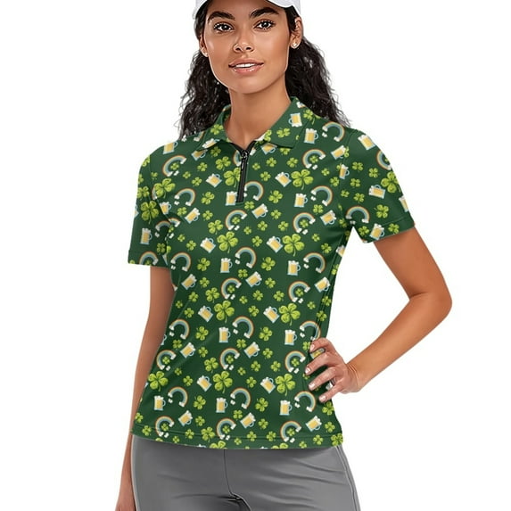 COEQINE St. Patrick's Day Women Short Sleeve Golf Shirts Moisture Wicking V Neck 1/4 Zip Golf Polo Shirt Lightweight Workout Sportswear Shamrock Rainbow and Wine Glass Print Athletic Tops, XL