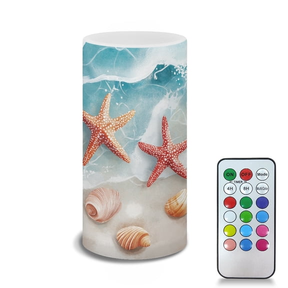 COEQINE Starfish Conch Sea Flameless Light Candles Battery Operated Candles with Color Changing Timer Remote Control Fake Pillar Candles Tealights Beach Themed Home Wedding Decor