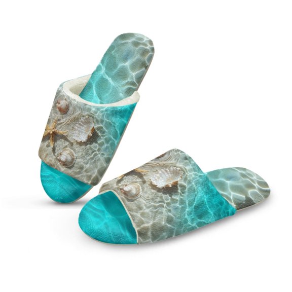 COEQINE Starfish Seashell Fuzzy Slippers for Women Indoor Warm Winter Fluffy Slides Trendy House Slippers Open Toe Machine Washable Slip On House Sandals for Men Ladies, 38-39