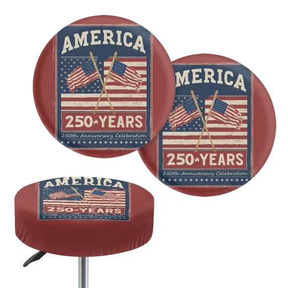 COEQINE Stool Covers Washable Stretch Round Bar Stool Covers Pub Counter Stool Chair Slipcovers 13-15 Inch for 4th of July Patriotic Decor, 2 Pack, America 250 Years Red