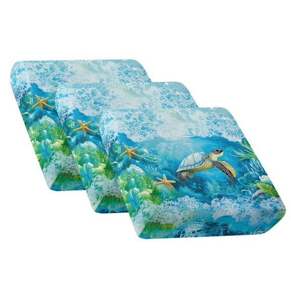 COEQINE Stretch Couch Cushion Cover Fitted Sectional Sofa Slipcover with Elastic Bottom Armchair Couch Cover Replacement Furniture Protector, 3 Pieces, Sea Turtle Starfish Blue