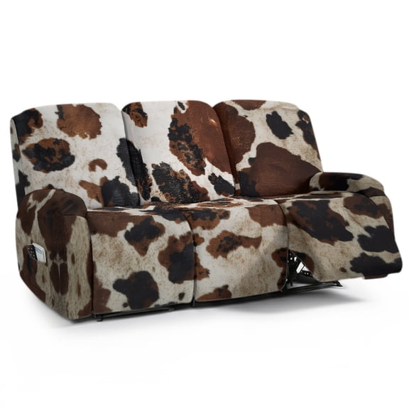 COEQINE Stretch Recliner Chair Cover Stay in Place 3 Seater Recliner Couch Cover Anti-Slip Reclining Sofa Slipcover with Pocket 8 Pieces for Reclining Chair Brown Black Cow Print