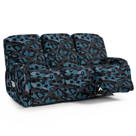 COEQINE Stretch Recliner Cover Universal 8 Pieces Recliner Sofa Cover Stay in Place 3 Seater Furniture Protector Home Decor for Pets, Dogs, Cats, Kids, Blue Black Leoaprd Print