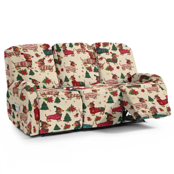 COEQINE Stretch Recliner Cover Universal 8 Pieces Recliner Sofa Cover Stay in Place 3 Seater Furniture Protector Home Decor for Pets, Dogs, Cats, Kids, Christmas Dachshund Dog