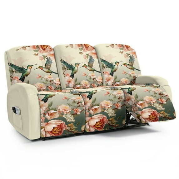 COEQINE Stretch Recliner Cover Universal 8 Pieces Recliner Sofa Cover Stay in Place 3 Seater Furniture Protector Home Decor for Pets, Dogs, Cats, Kids, Hummingbird Floral