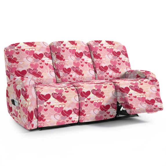 COEQINE Stretch Recliner Cover Universal 8 Pieces Recliner Sofa Cover Stay in Place 3 Seater Furniture Protector for Valentines Day Decor for Pets, Kids, Heart Stripes Pink Red