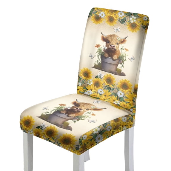 COEQINE Stretchable Slipcovers for Parsons Chairs Set of 1, Machine Washable Chair Protector, Keep Your Chair Away from Dust Stain and Pet Claws for Home Decor, Highland Cow Sunflower Butterfly