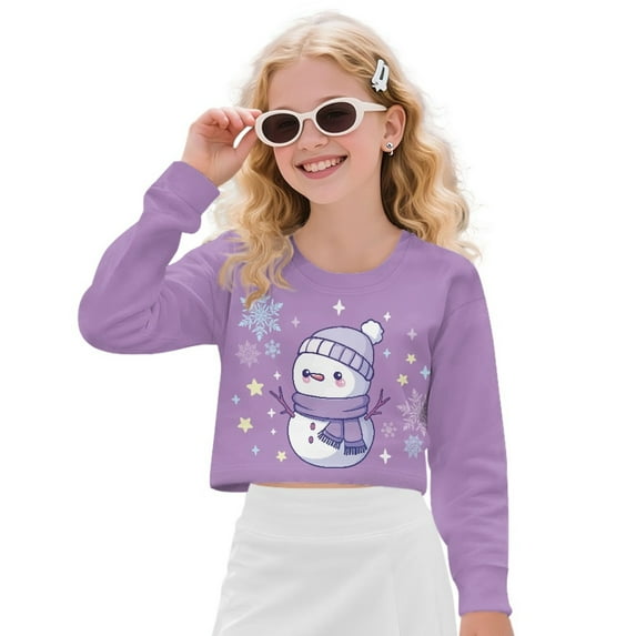 COEQINE Stylish Girls Crop Top Long Sleeve Crewneck Cropped Sweatshirt Comfy Sweater for Fall Winter Fashion Age 11-12 Kids Youth Teens, Snowman Snowflake Violet
