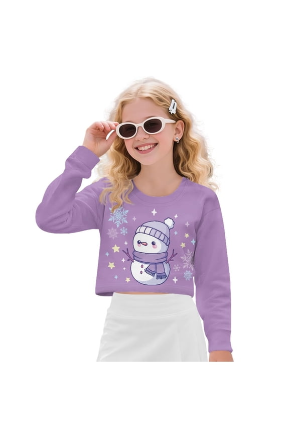 Stylish Girls Crop Top Long Sleeve Crewneck Cropped Sweatshirt Comfy Sweater for Fall Winter Fashion Age 11-12 Kids Youth Teens, Snowman Snowflake Violet
