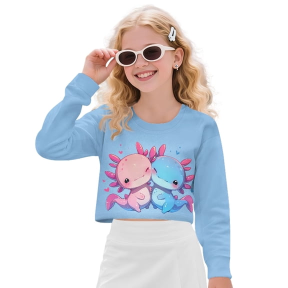 COEQINE Stylish Girls Crop Top Long Sleeve Crewneck Cropped Sweatshirt Comfy Sweater for Fall Winter Fashion Age 7-8 Kids Youth Teens, Axolotl Blue Pink