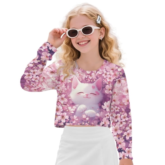 COEQINE Stylish Girls Crop Top Long Sleeve Crewneck Cropped Sweatshirt Comfy Sweater for Fall Winter Fashion Age 7-8 Kids Youth Teens, Cat Peach Blossom
