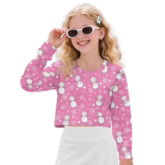 COEQINE Stylish Girls Crop Top Long Sleeve Crewneck Cropped Sweatshirt Comfy Sweater for Fall Winter Fashion Age 7-8 Kids Youth Teens, Snowman Snowflake Pink