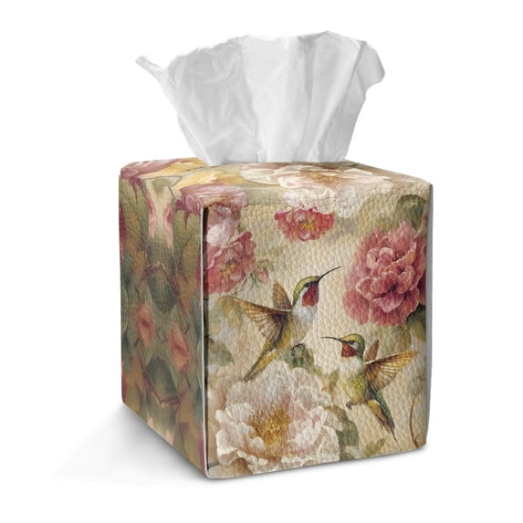 COEQINE Stylish Tissue Box Holder Faux Leather Snap Closure Cube Facial Tissue Organizer Dispenser Easy Refill for Home Office Tabletop Decoraiton, Hummingbird Floral Retro