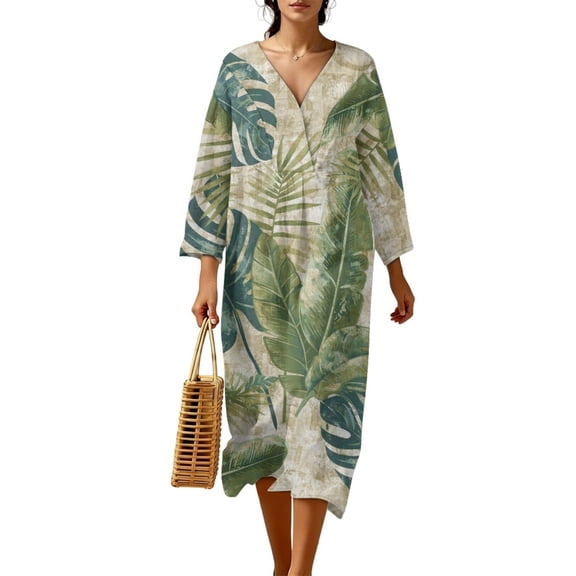 COEQINE Summer Dress for Women, Long Sleeve V-Neck Wrap Linen Look Polyester Midi Wedding Guest Dress, Loose Fit Casual Beach & Vacation Wear, Size 2XL, Vintage Monstera Palm Banana Leaf
