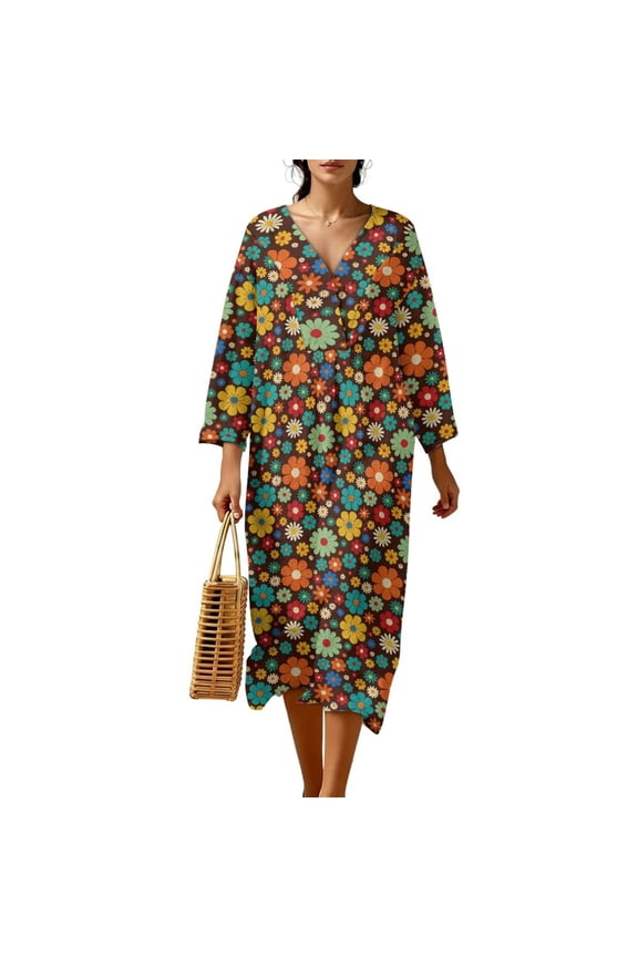 Summer Dress for Women, Long Sleeve V-Neck Wrap Linen Look Polyester Midi Wedding Guest Dress, Loose Fit Casual Beach & Vacation Wear, Size 4XL, Colorful Hippie Flower