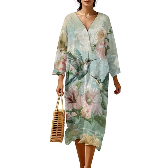COEQINE Summer Dress for Women, Long Sleeve V-Neck Wrap Linen Look Polyester Midi Wedding Guest Dress, Loose Fit Casual Beach & Vacation Wear, Size S, Hummingbird Flower Green