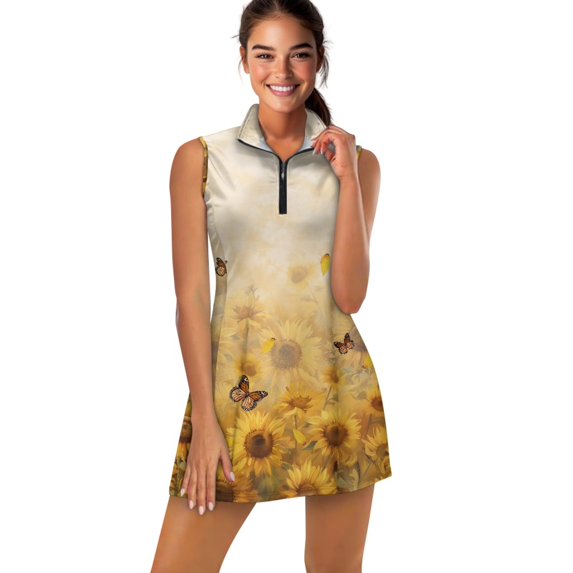 COEQINE Sunflower and Butterfly Print Women's Tennis Dress with Shorts 2 Pockets Sleeveless Quick Dry 2 Pieces Sports Dresses Lightweight Breathable Golf Outfits, XS