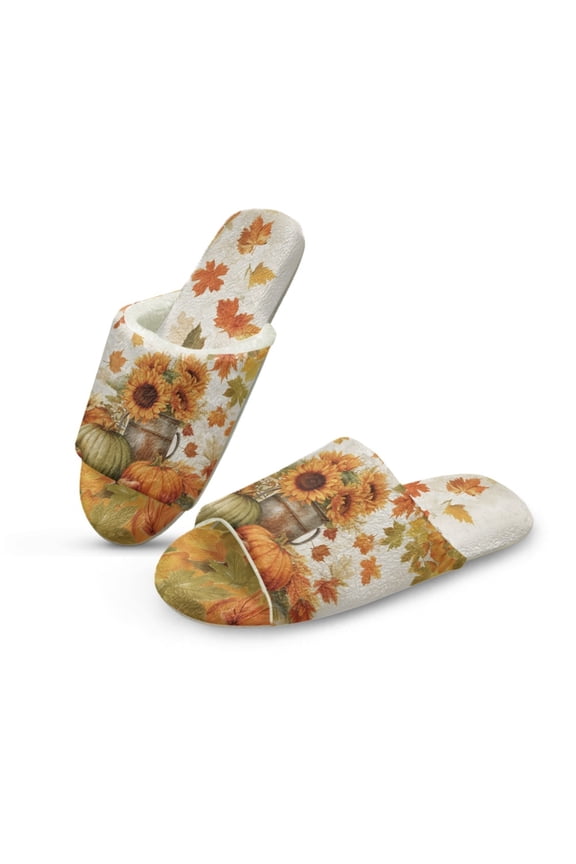 Sunflower Pumpkin Maple Leaf Womens Fuzzy Slippers Fall House Shoes Open Toe Indoor Slippers Soft Lightweight Quiet Fluffy Slides Machine Washable Footwear for Ladies Her Mom, 36-37