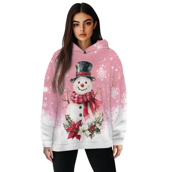 COEQINE Sweatshirts Oversized Pullover Women's Hoodies Loose Soft Y2K Cozy Casual Snowman Pink Long Sleeves Fit Hooded Sweatshirt Fashion Lightweight Fall Winter Outfits Clothes, XL