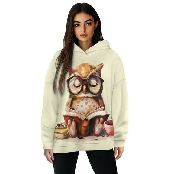 COEQINE Sweatshirts Pullover Casual Wear Long Sleeves Women's Hoodies Soft Oversized Outfits Hooded Sweatshirt Cozy Fashion Y2K Loose Fit Crewneck Printing Owl and Book Lightweight, S