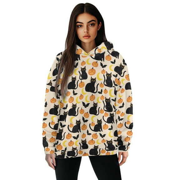 COEQINE Sweatshirts Pullover Long Sleeves Tops Women's Hoodies Oversized Crewneck Fashion Y2K Fit Soft Loose Black Cat Pumpkin and Moon Lightweight Fall Winter Outfits Clothes, S