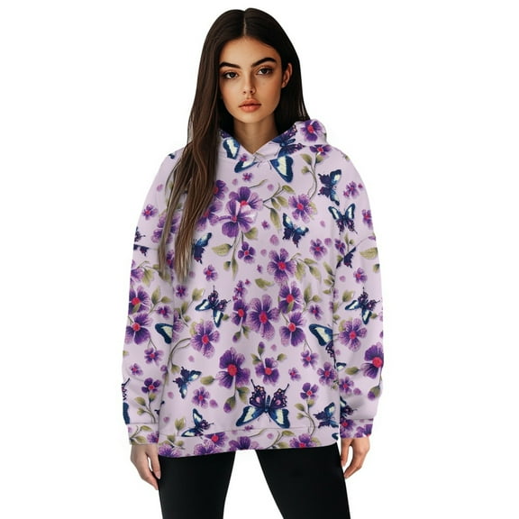 COEQINE Sweatshirts Pullover Oversized Tops Women's Hoodies Casual Wear Loose Fashion Y2K Crewneck Fit Soft Long Sleeves Purple Flower and Butterfly Casual Wear Hooded Sweatshirt, M