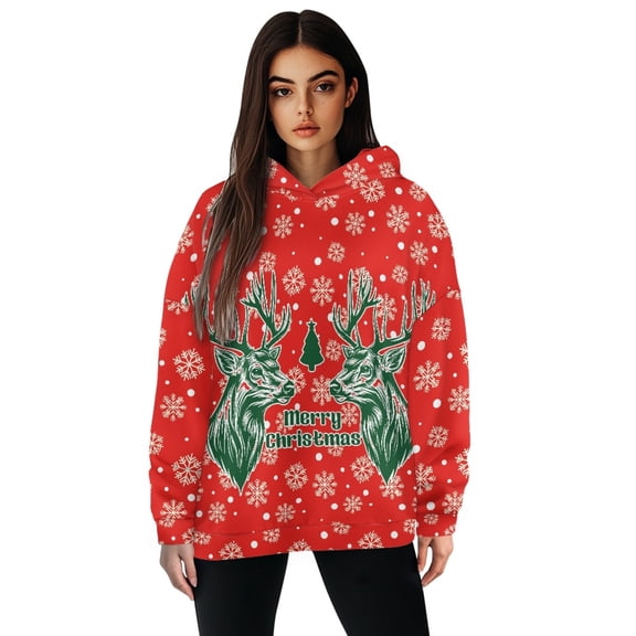 COEQINE Sweatshirts Pullover Women's Hoodies Long Sleeves Tops Oversized Crewneck Fit Soft Loose Hooded Sweatshirt Fashion Y2K Christmas Deer and Christmas Tree Casual Wear, 2XL