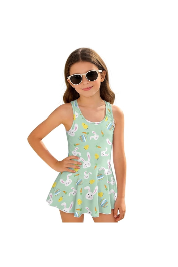 Swim Dress for Girls with Built-in Liner & Flowy Skirt, Scoop Neck V-Back Playful Tankini Style Swimsuit for 3-4 Year Olds, Polyester Spandex Blend, Easter Bunny Chick Egg Green