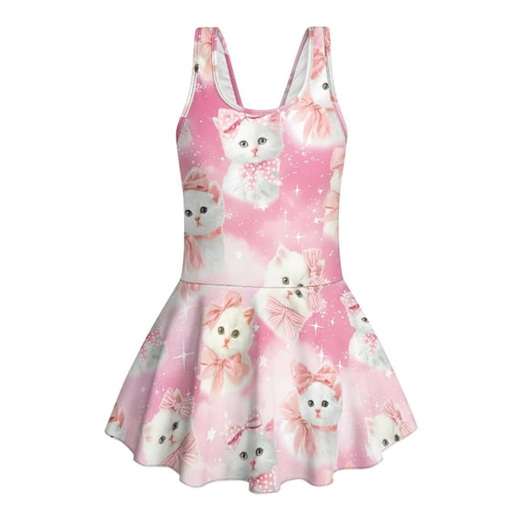 COEQINE Swim Dress for Girls with Skirt Bottom, U-Neck Tankini One Piece Swimsuit, Polyester Spandex Elegant Beach Swim Wear for Vacation, 12-13 Years, Persian Cat Galaxy Pink
